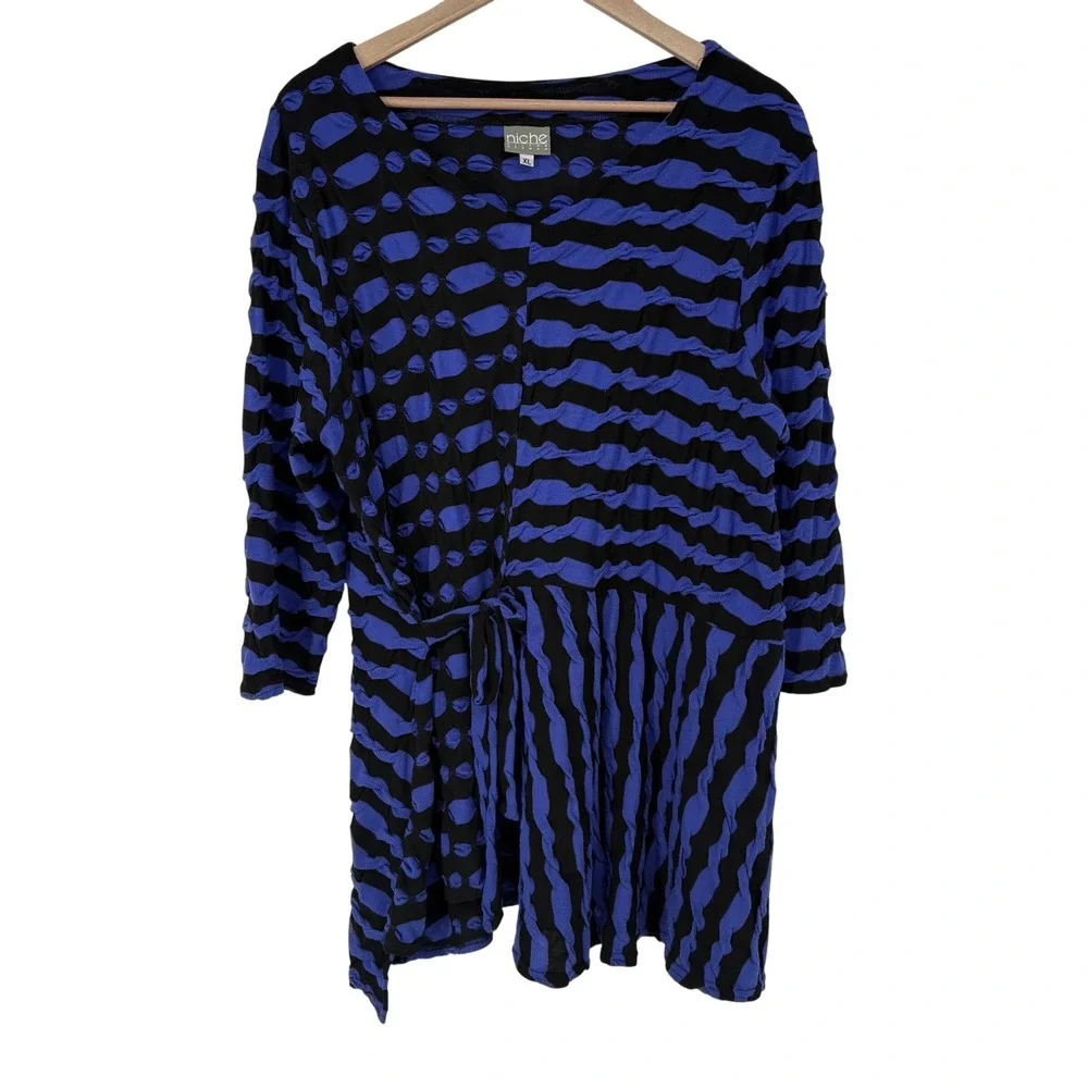 Niche Nilgun Derman Blue Black Textured Stripe‎ Side Tie Tunic Top XL USA Made